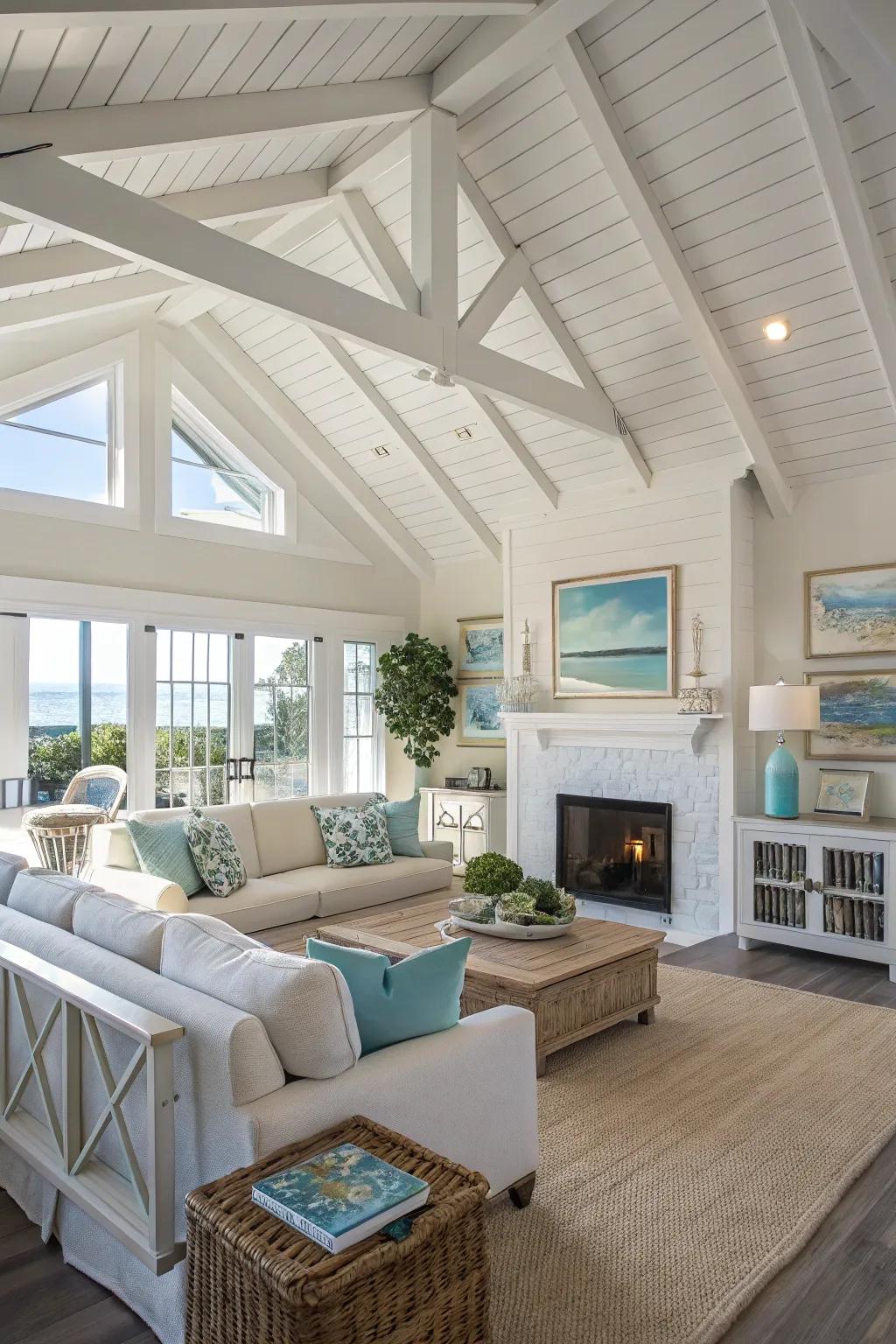 A bright and airy living space with whitewashed beams enhancing the vaulted ceiling.