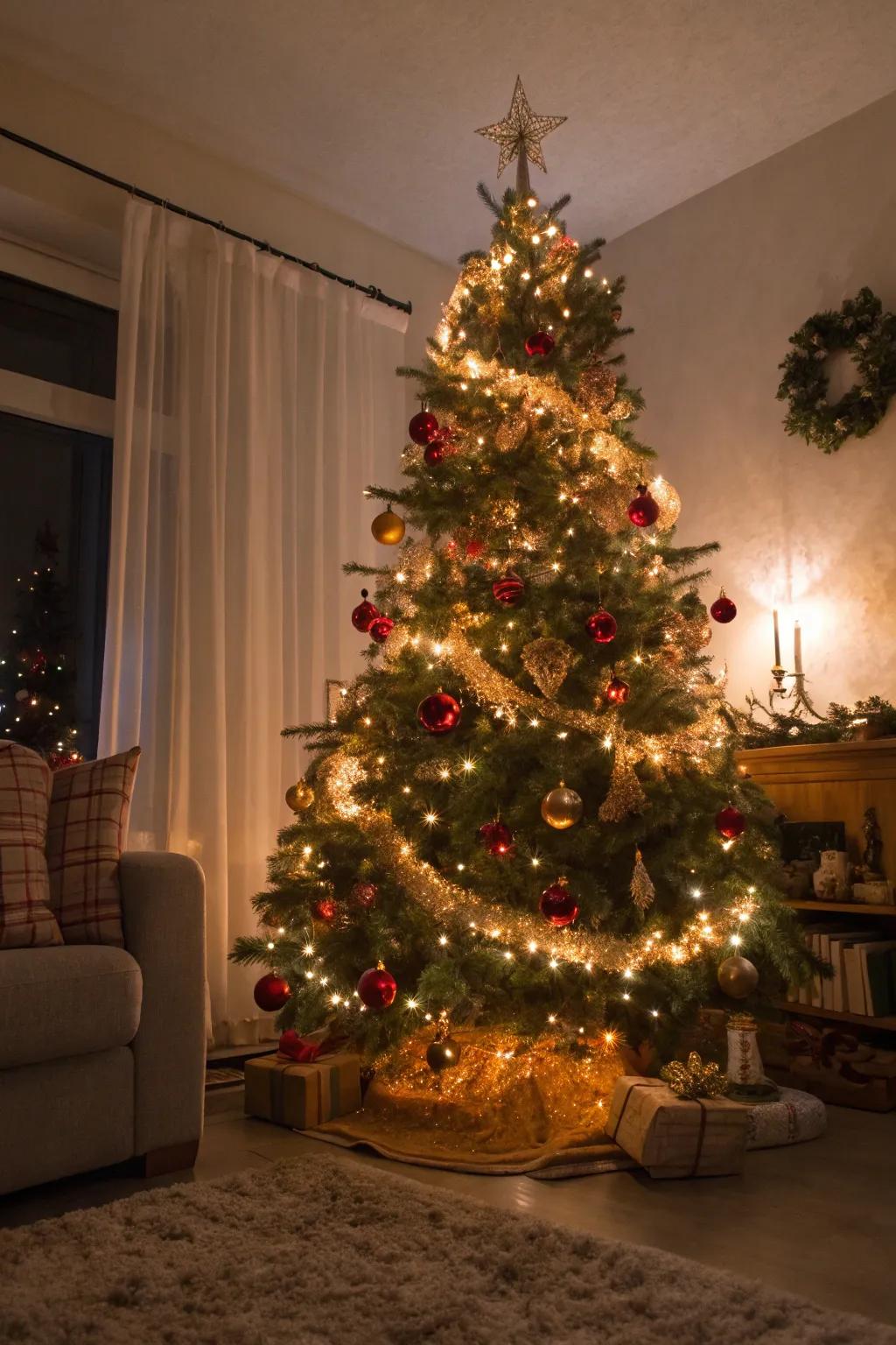 A radiant Christmas tree accentuated with retro lametta.