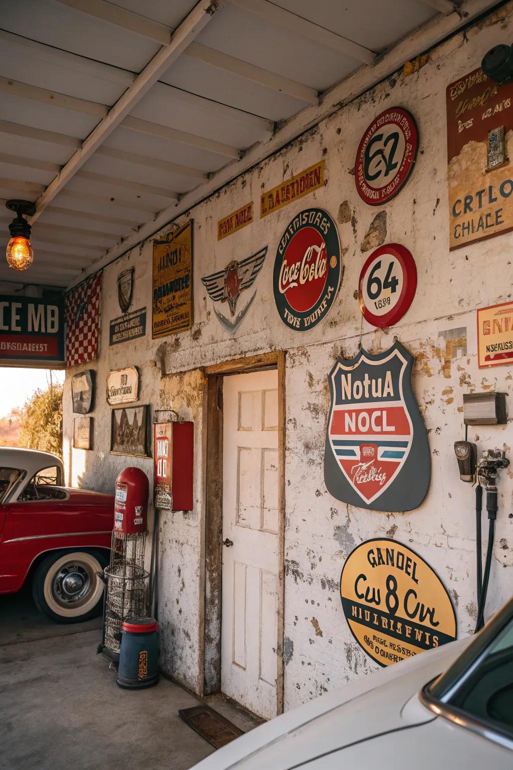 Retro advertisements introduce a burst of nostalgia to a vintage garage.