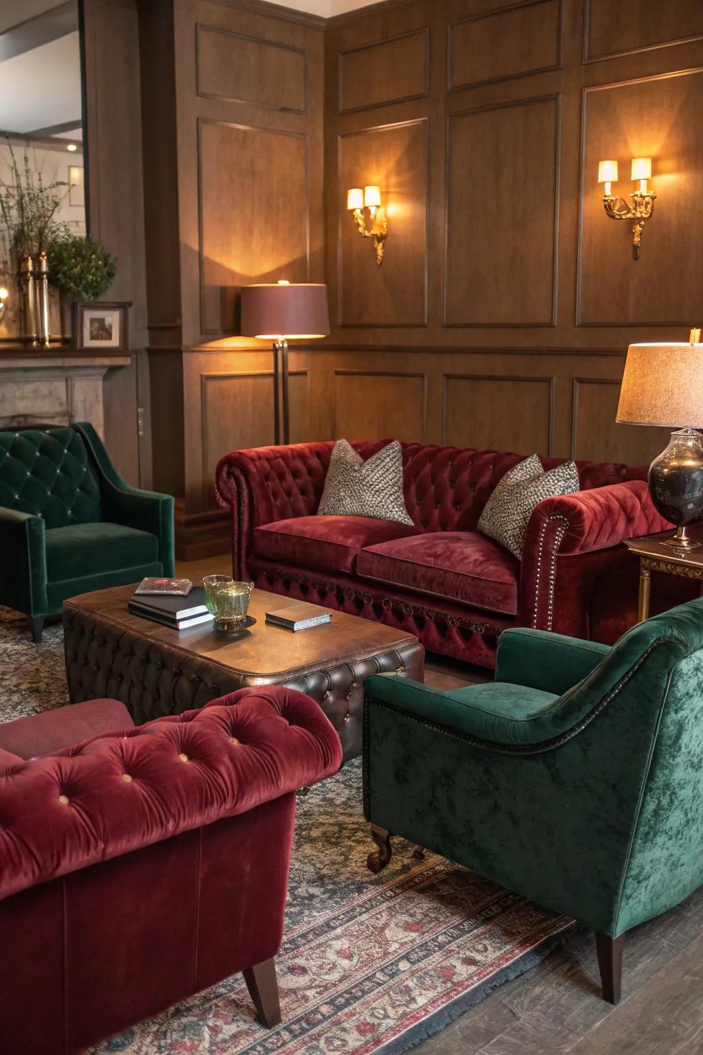 Lavish textures such as velvet and leather enhance the room’s comfort and sophistication.