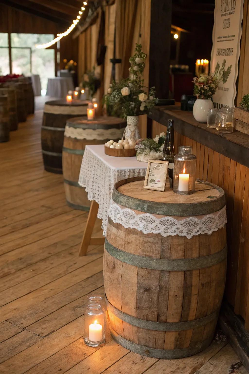 Provincial charm at a retro event using wooden casks and delicate accents.