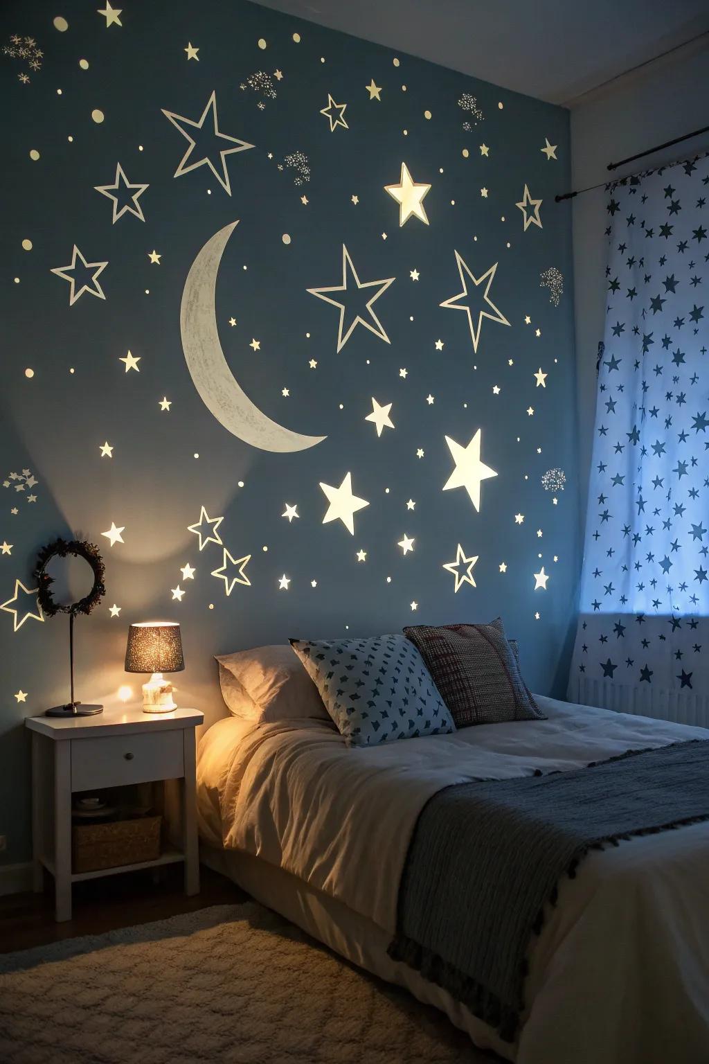 Starry appliqués transmute this bedroom into a whimsical nighttime escape.