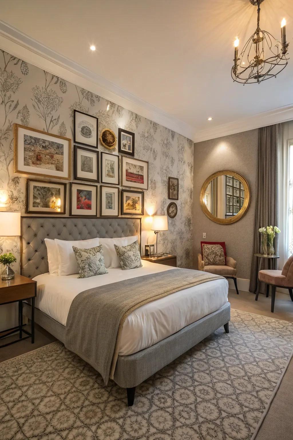 Mirrors and artistic pieces synergize to engender both depth and luminance.