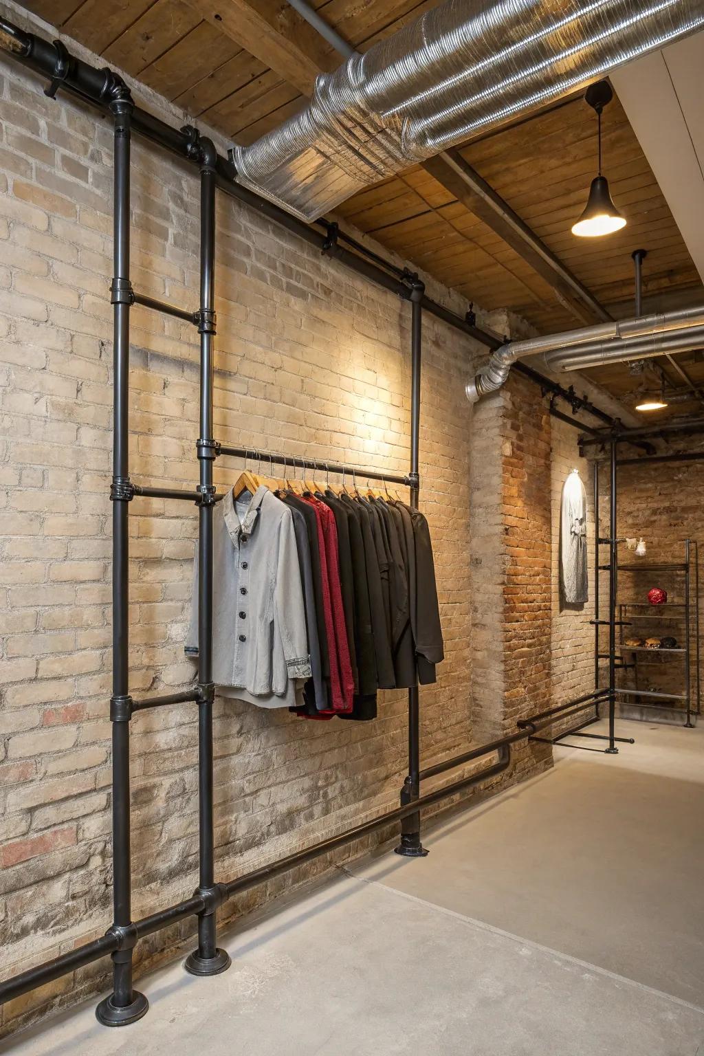 An industrial-themed room proudly displaying a metallic pipe wall-mounted clothing rack.