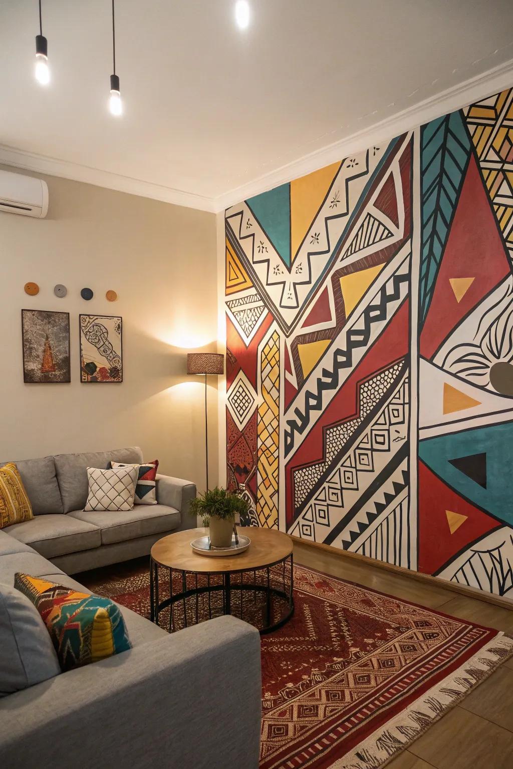 Bring an artistic element to your living room with a striking abstract mural.