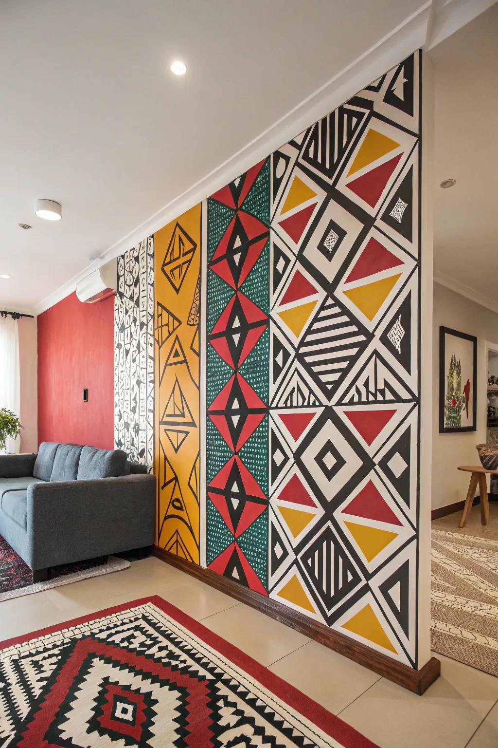 Current geometric designs adorning a living room wall.