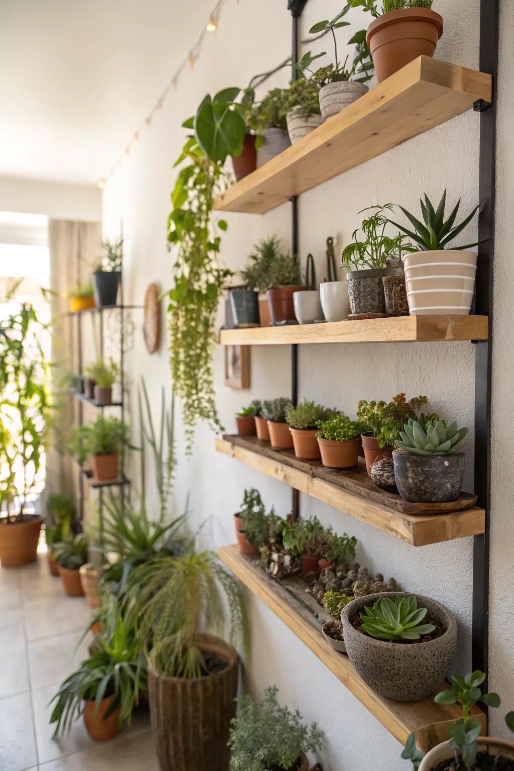 Invite the serenity of nature with plant-filled shelves.