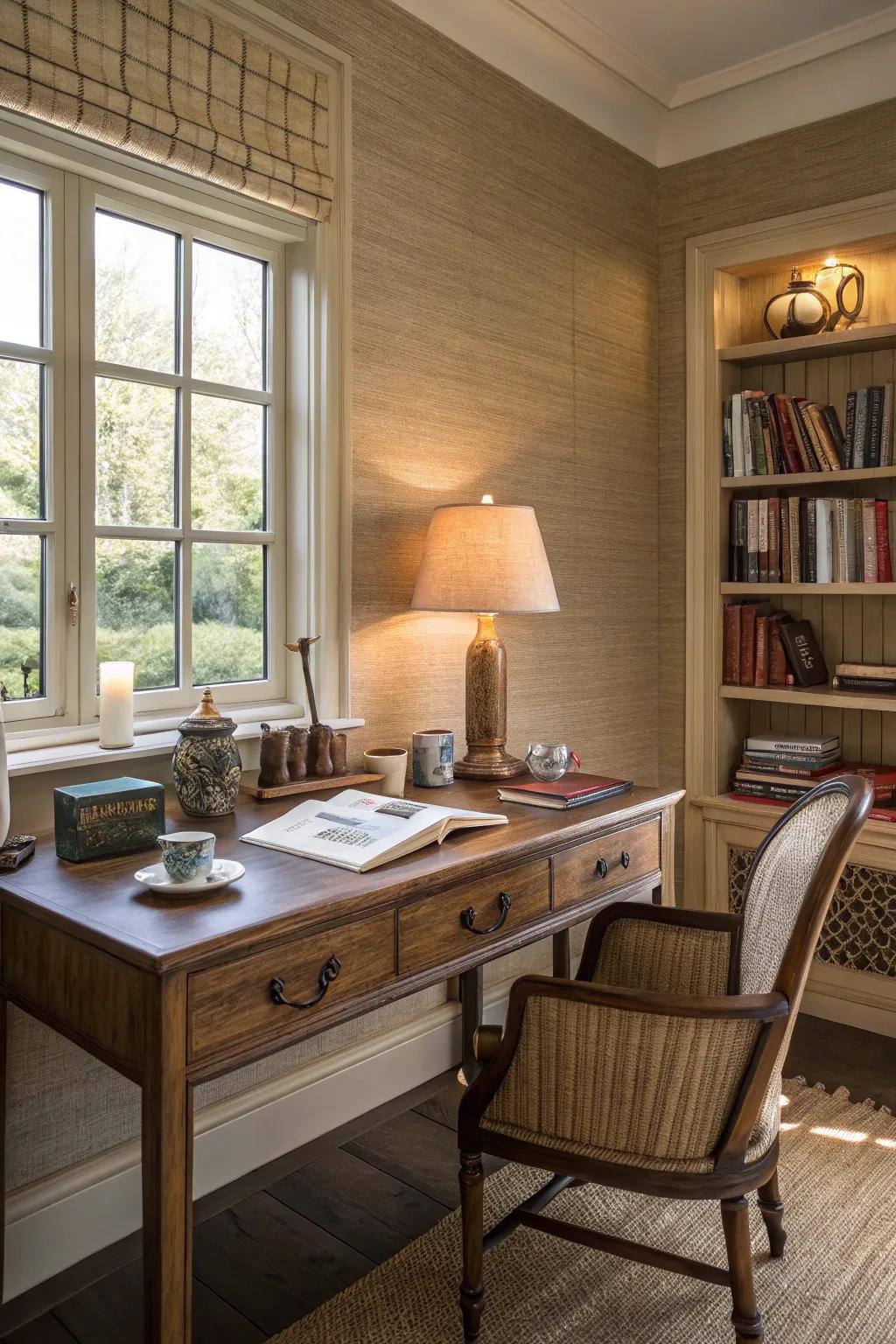 Natural fiber wallcoverings enrich the ambiance of a study, introducing both warmth and texture.