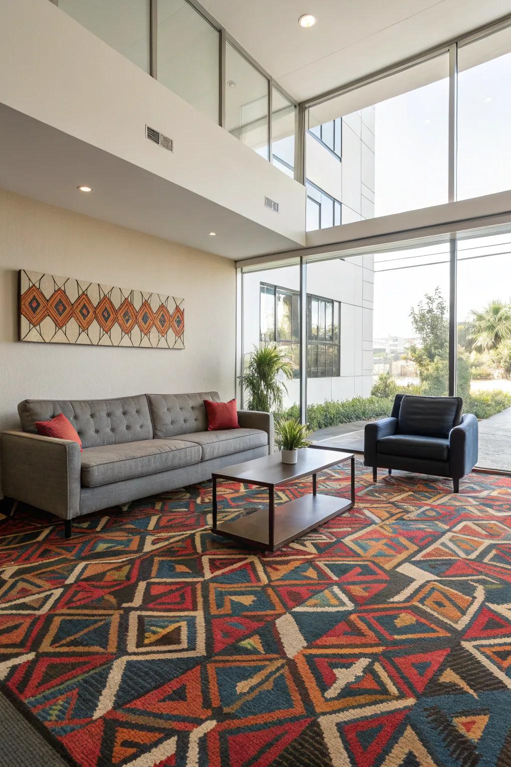 Create impact with a bold patterned carpet.