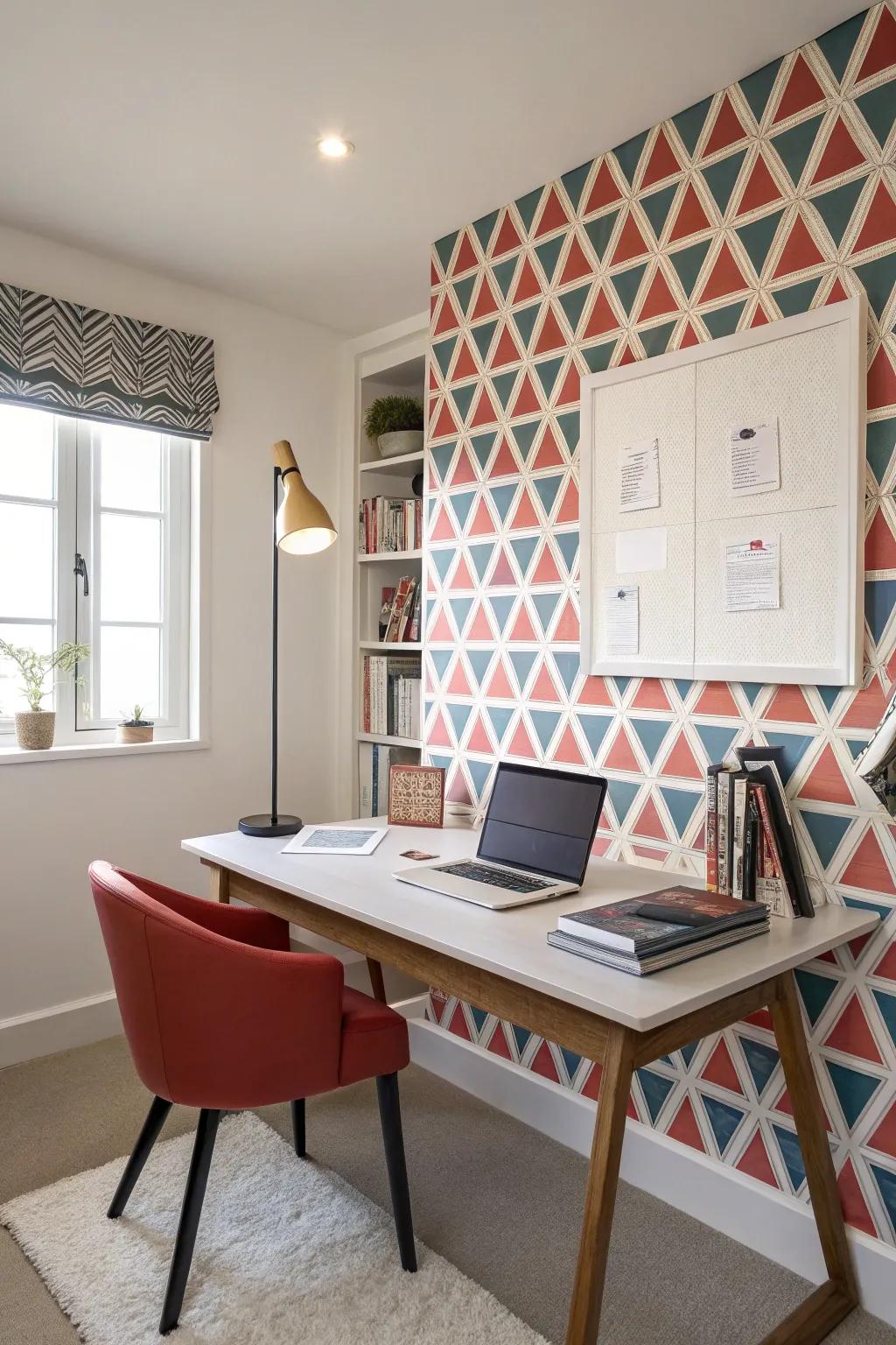 A modern office space featuring a striking geometric wallpaper edging.