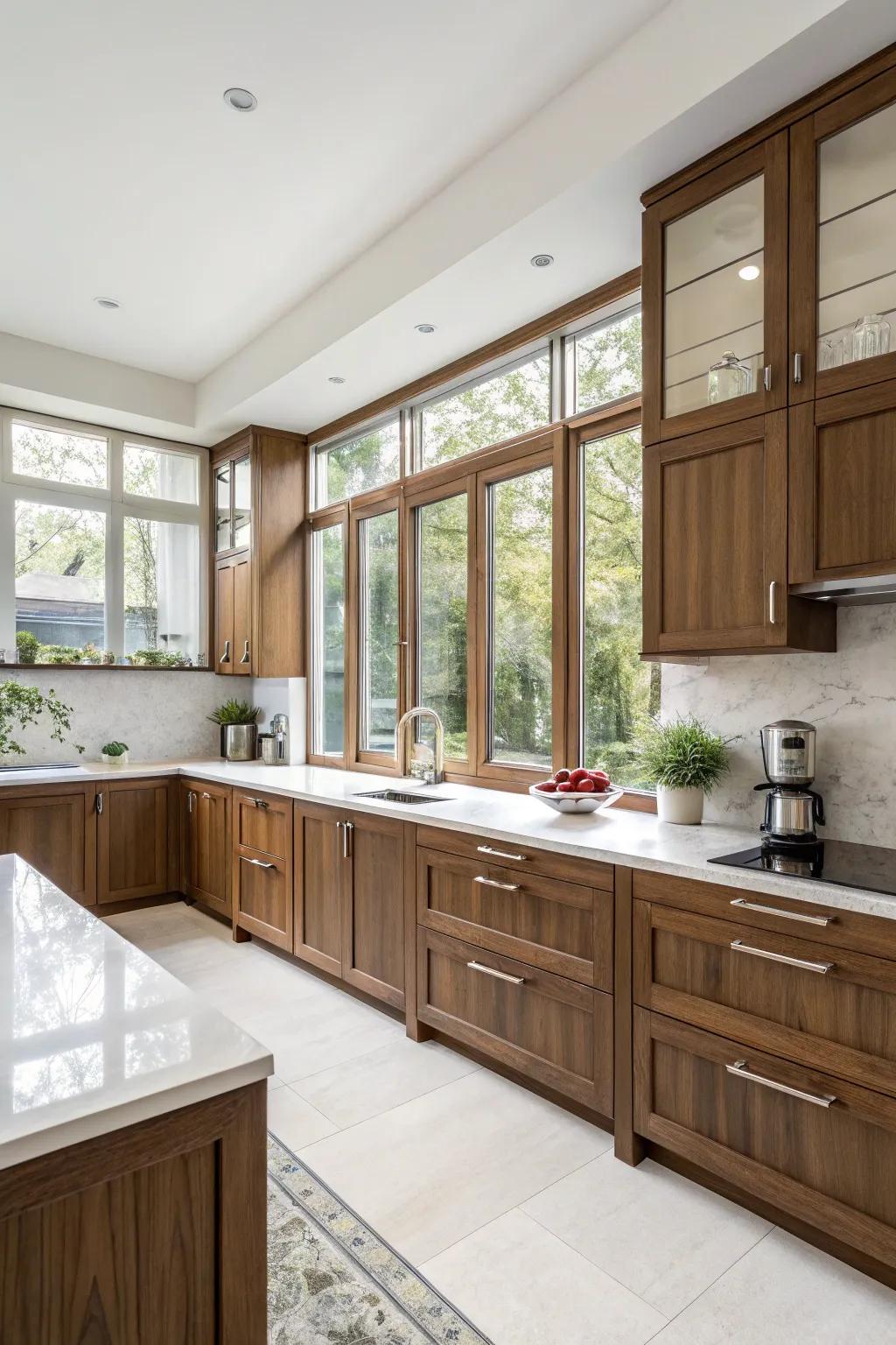 Pair pale countertops with hickory cabinets for a harmonious visual effect.