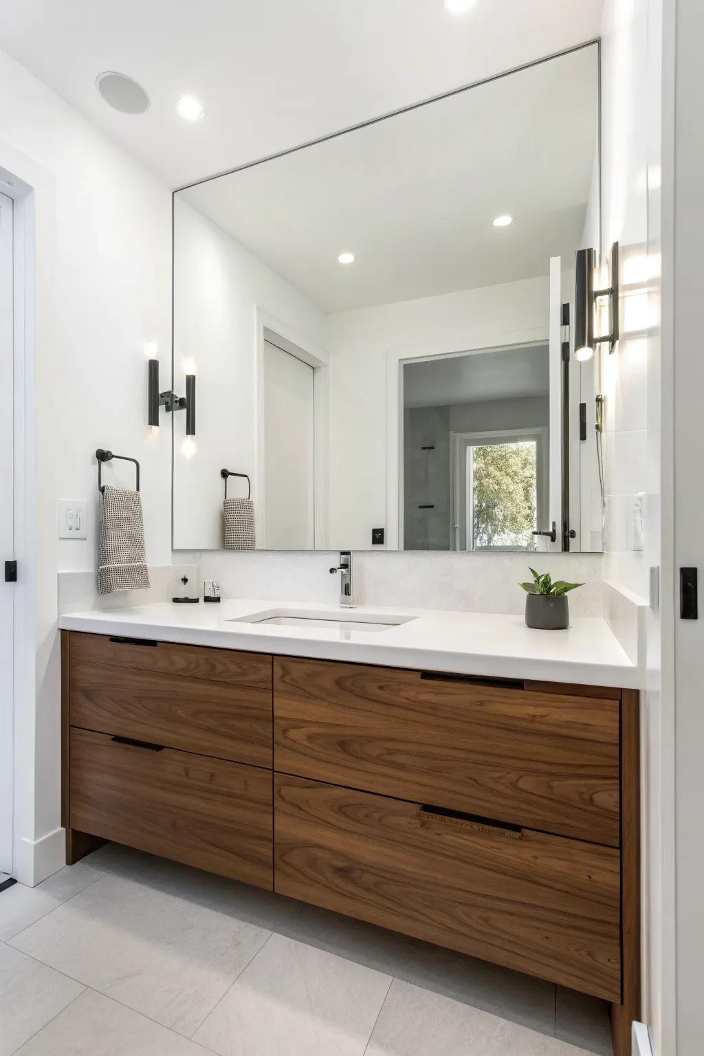 Supreme simplicity is achieved through a contemporary pecan vanity.