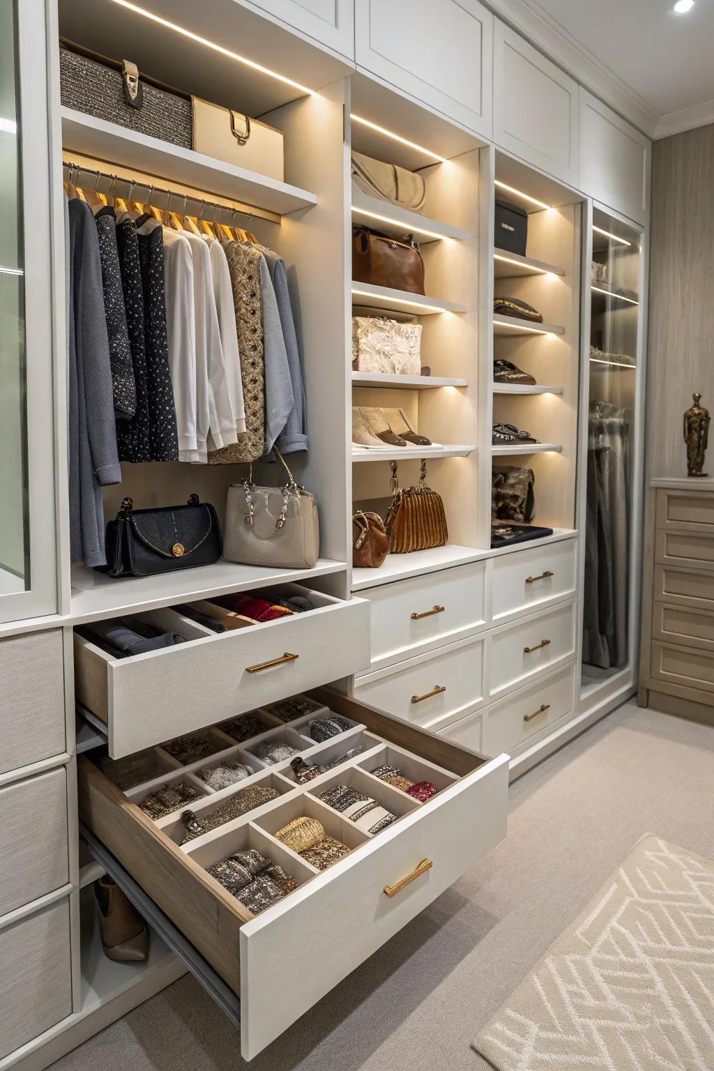Integrated drawers maintain neatly arranged and readily accessible accessories.