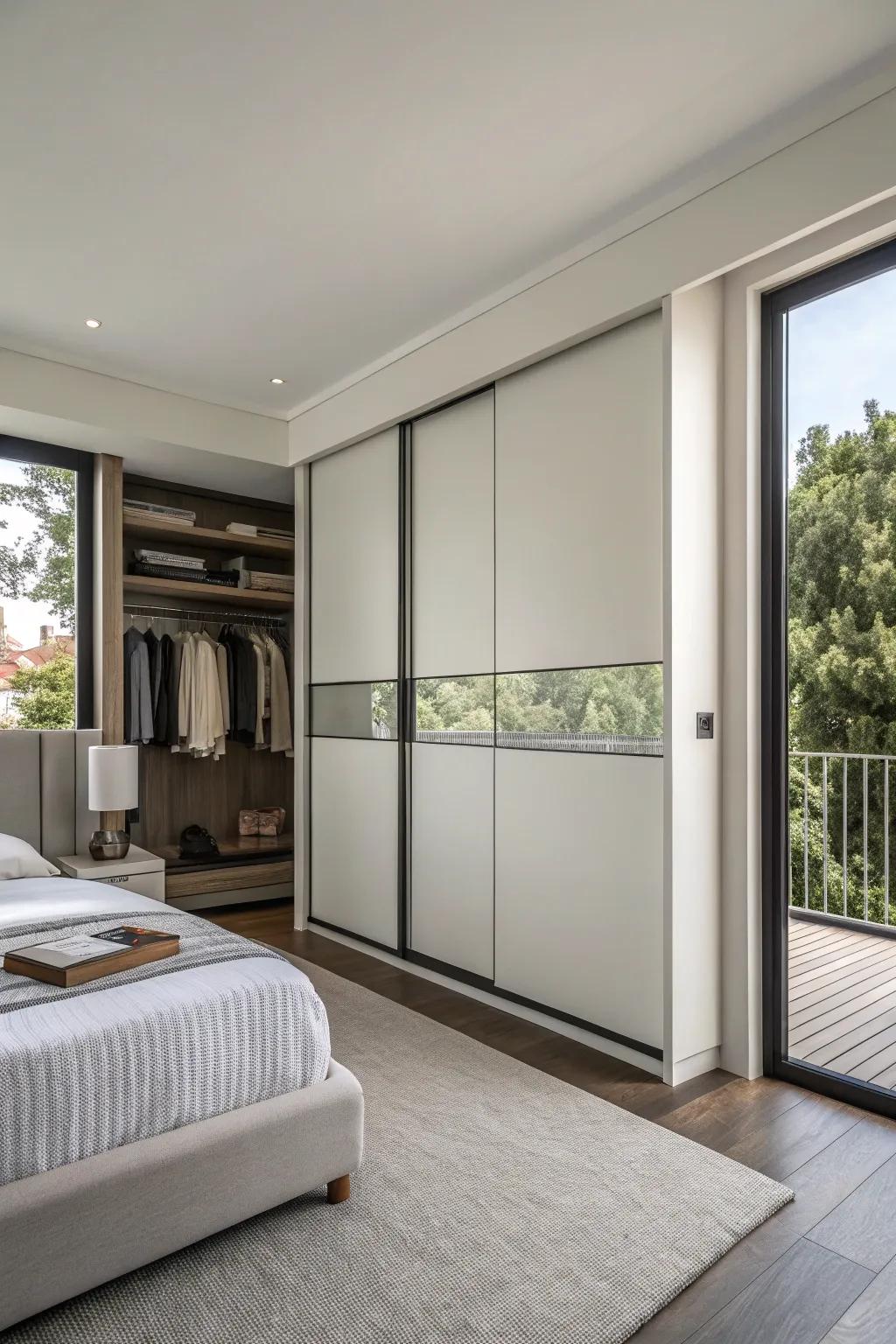 A modern closet featuring space-saving sliding doors.