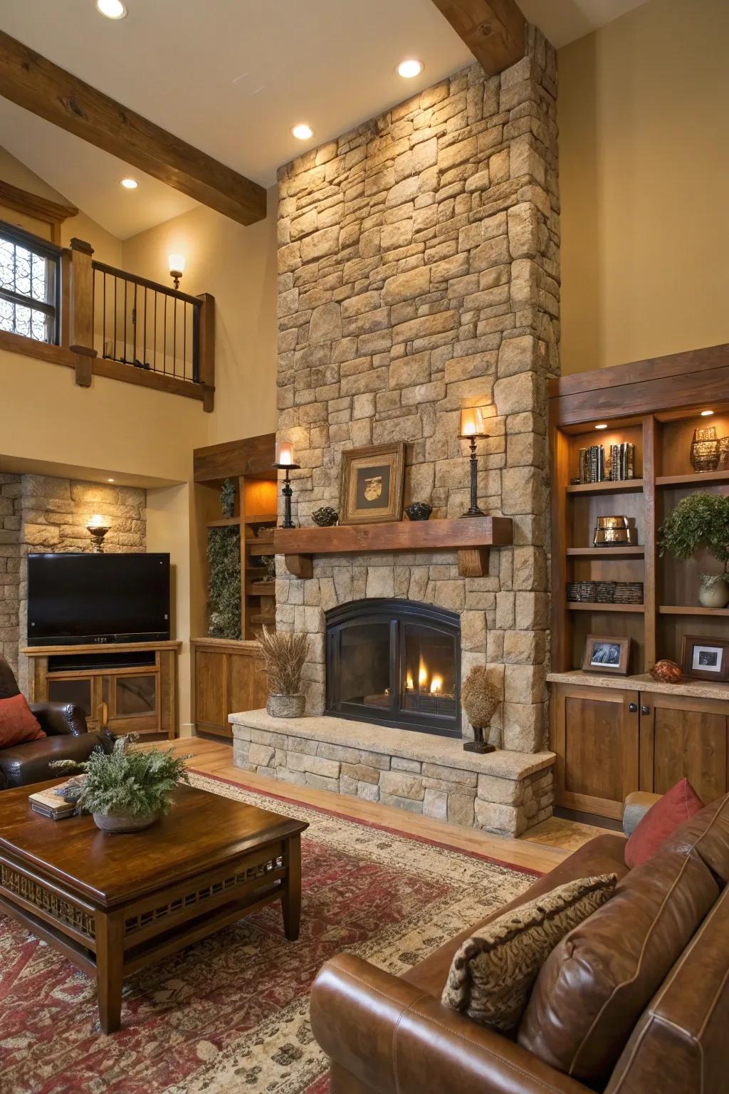 A stone fire as the highlight of a homely, countryside family room.
