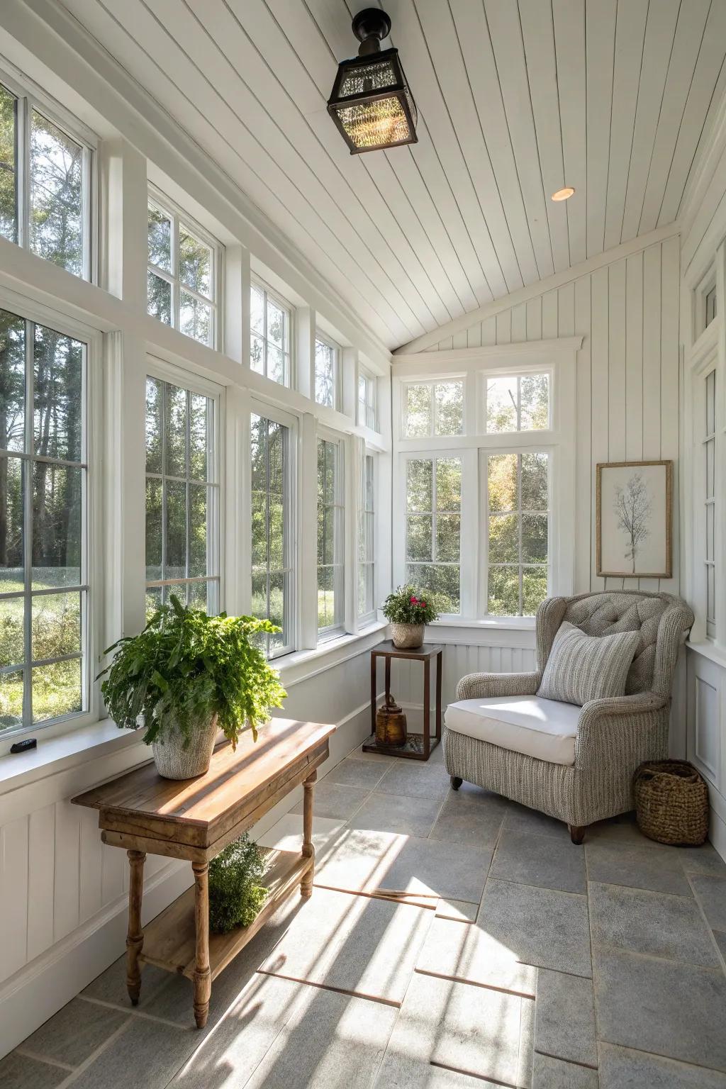 A sunroom adorned in classic white, exuding sophistication and peace.