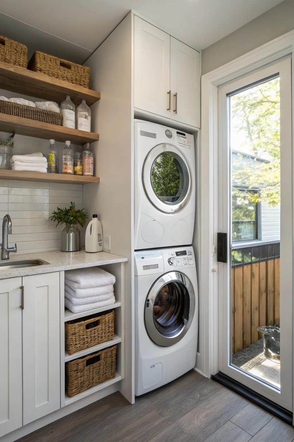 A stacked washer and dryer configuration in a kitchen corner effectively maximizes space.
