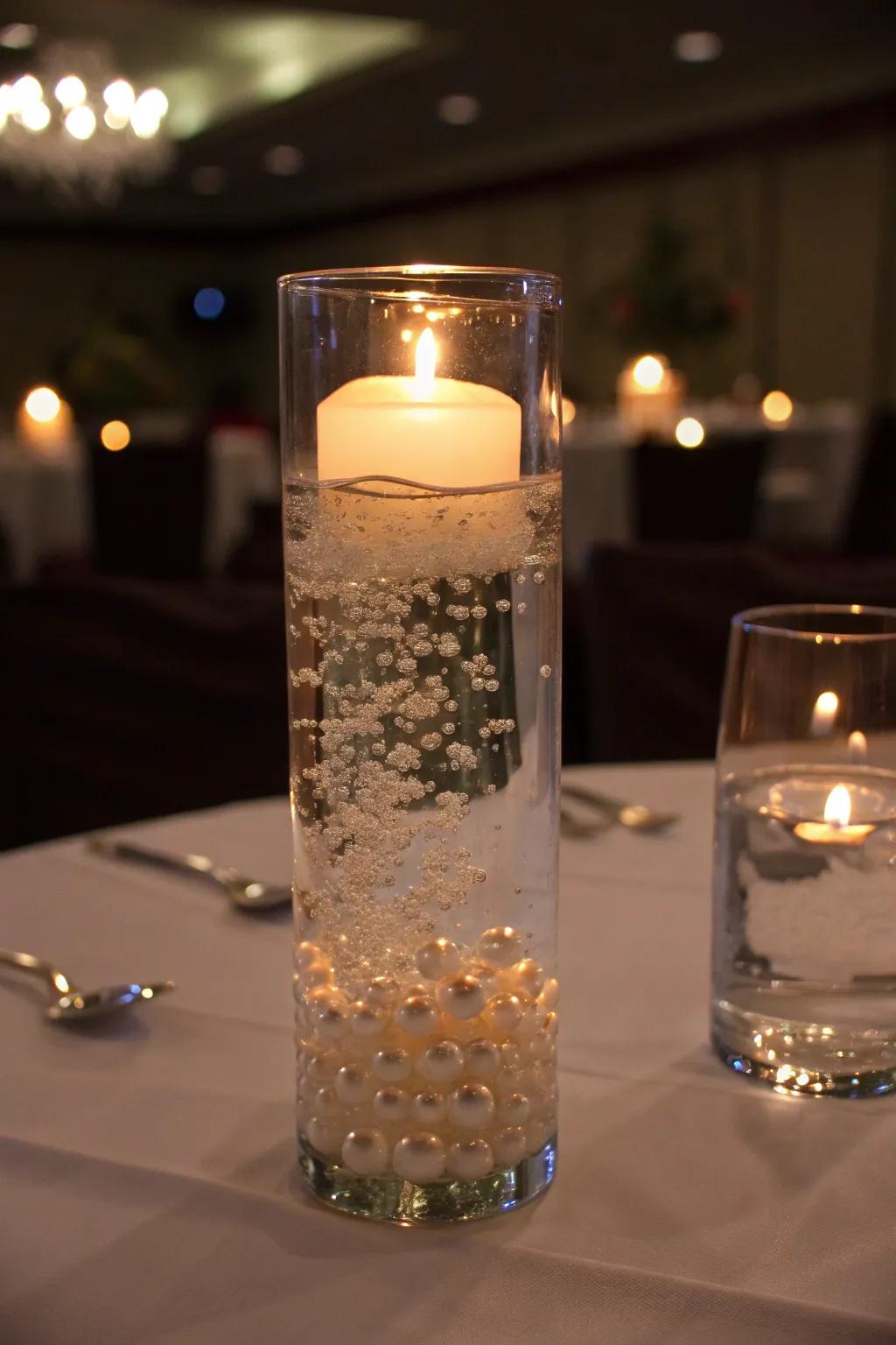 Buoyant lights and aqua gems fashion a comforting, romantic setting.