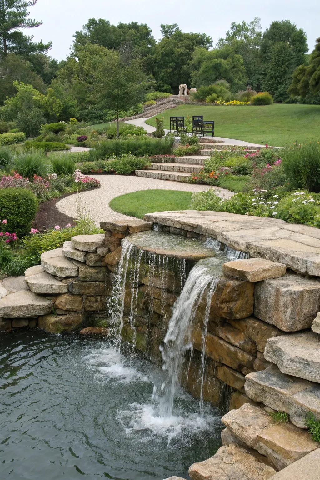 A tiered stone waterfall enhancing a garden with its multi-level cascading water.