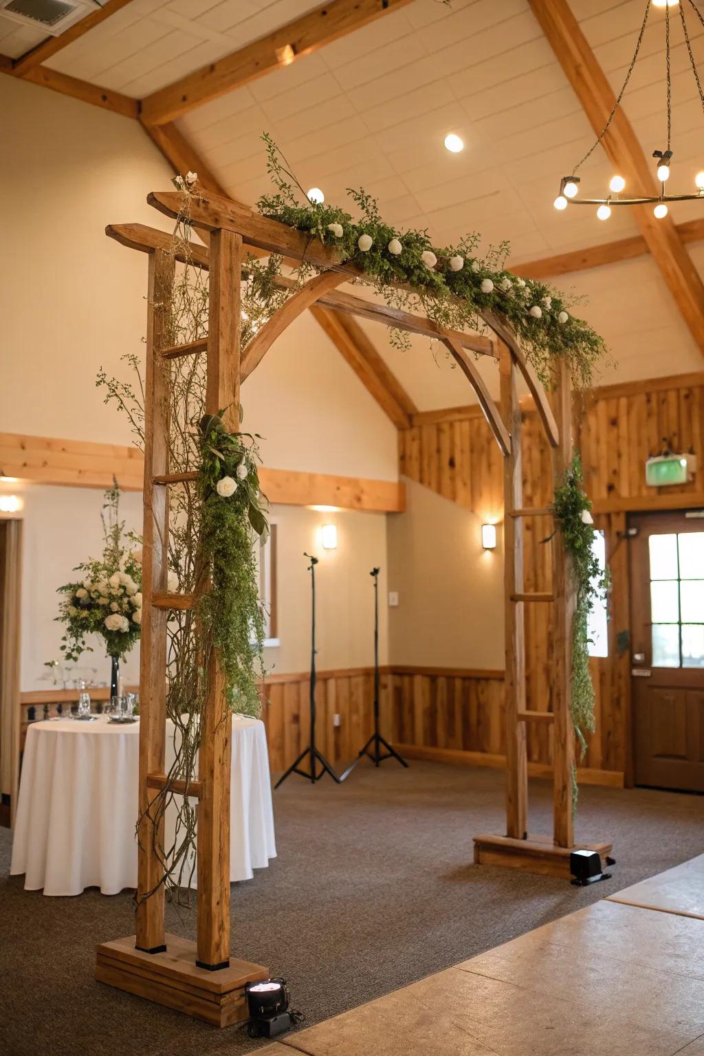 A country-style wood arch imbues an indoor wedding with warmth and individuality.