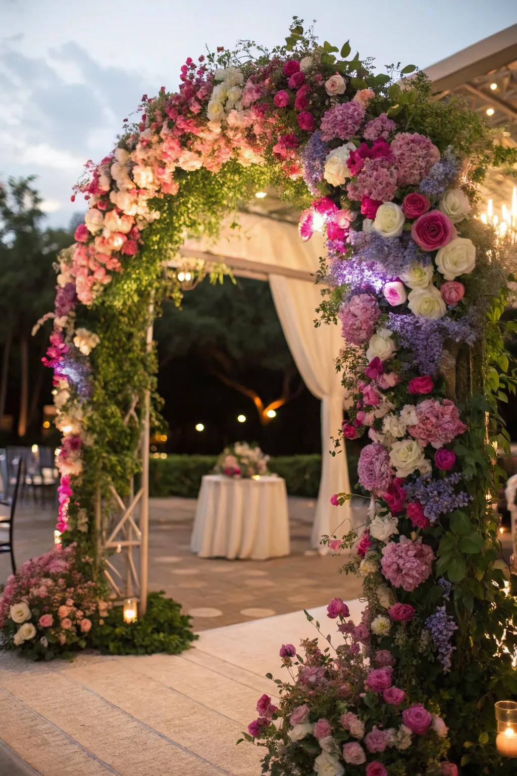 A lively floral arch that brings an explosion of hues to any nuptial celebration.