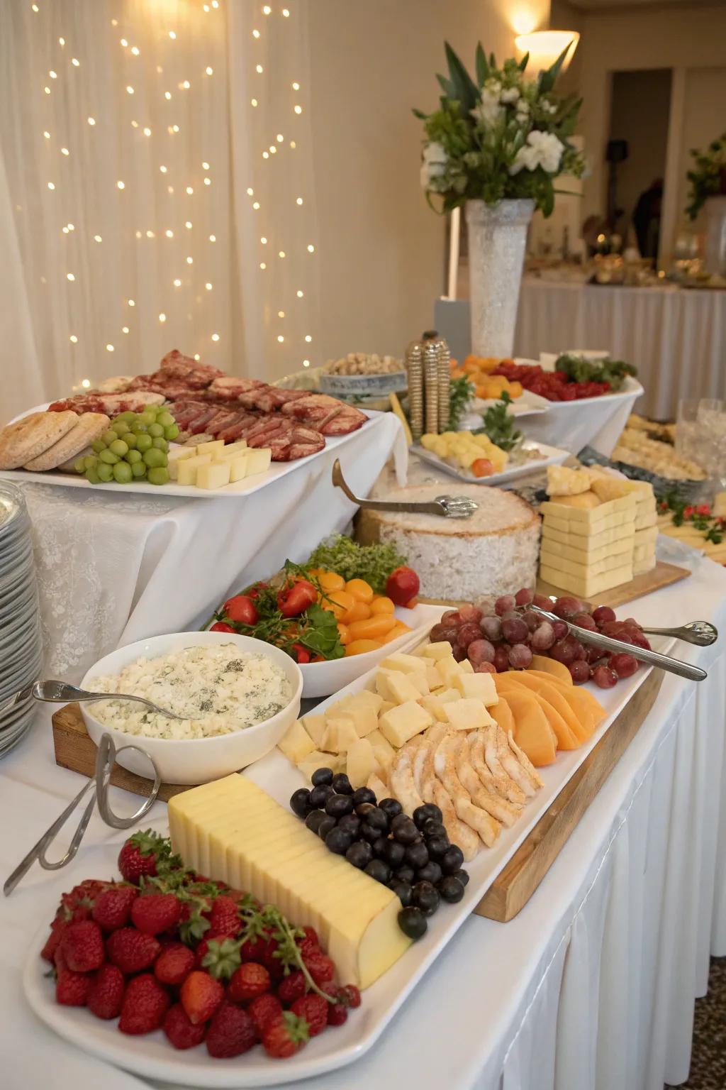 An abundant buffet-style setup for a wedding breakfast, offering a wide range of delightful choices.