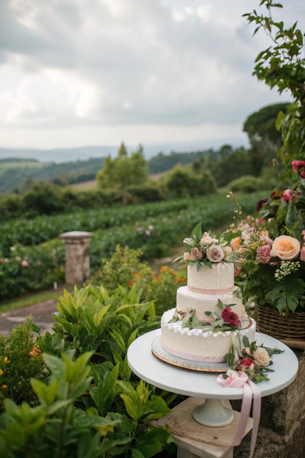 A wedding cake encircled by rich greenery for a natural aesthetic.