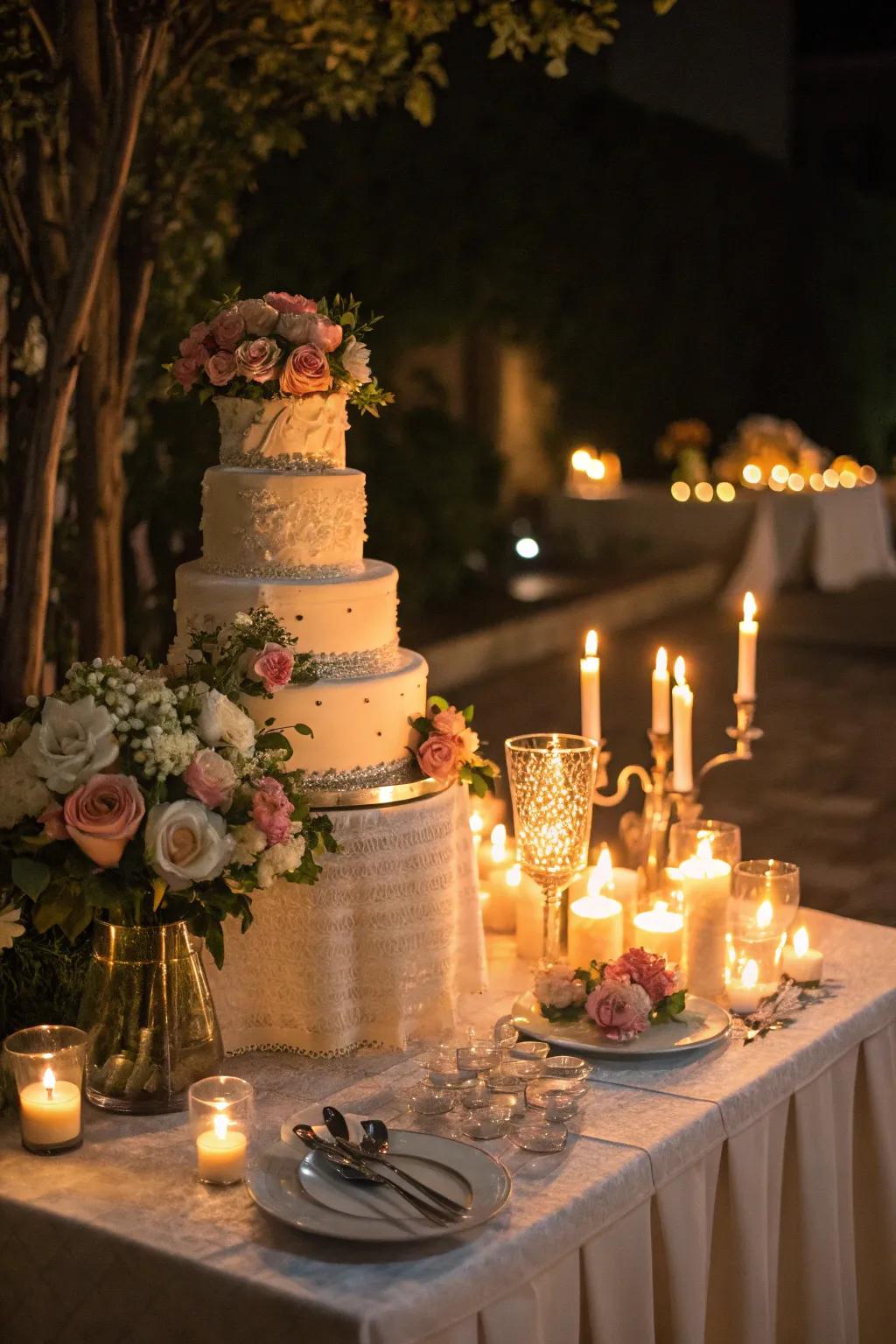 A cake presentation softly illuminated by the tender flicker of candlelight.