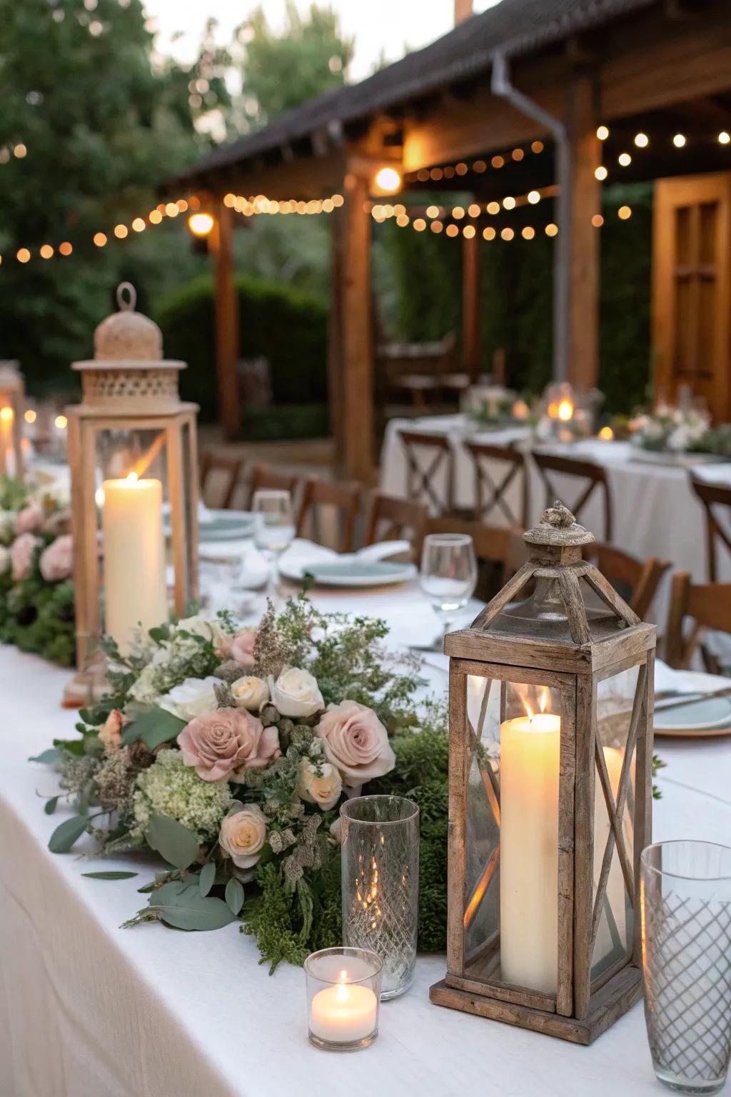 Candles and lanterns projecting a heartfelt, romantic radiance onto a wedding table.