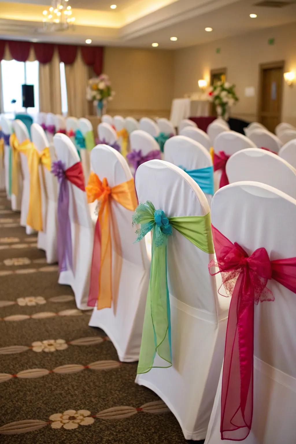 Use ribbons and bows in your theme's colors to brighten up your wedding chairs.