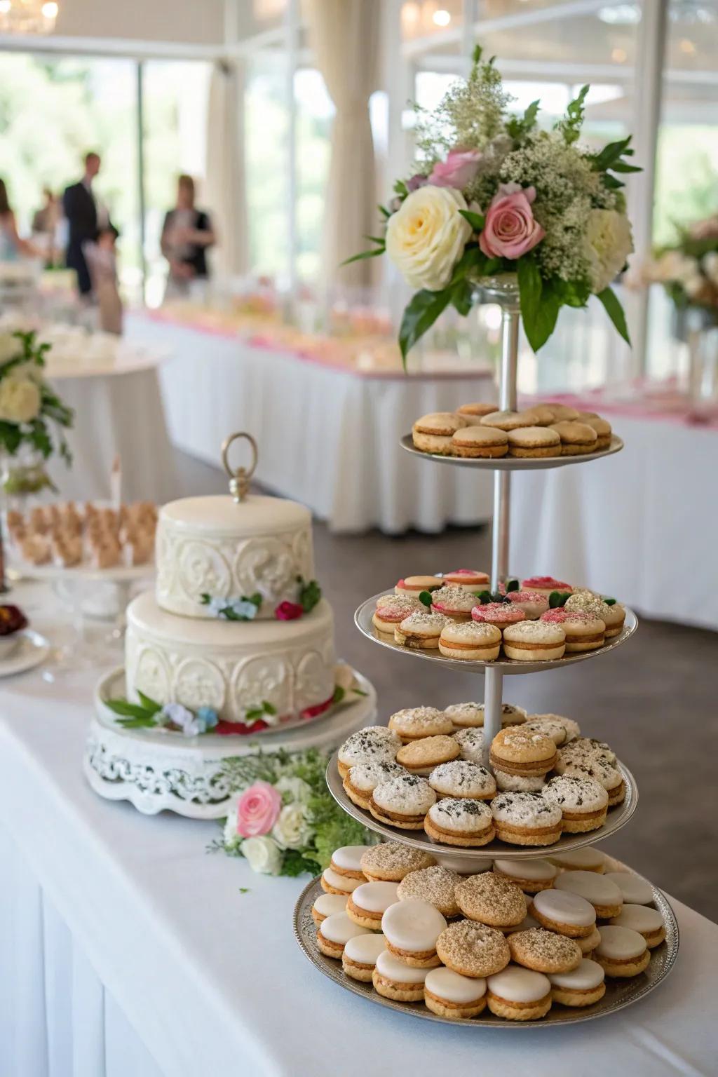 Multi-level stands enhance the elegance and area management of a wedding cookie presentation.