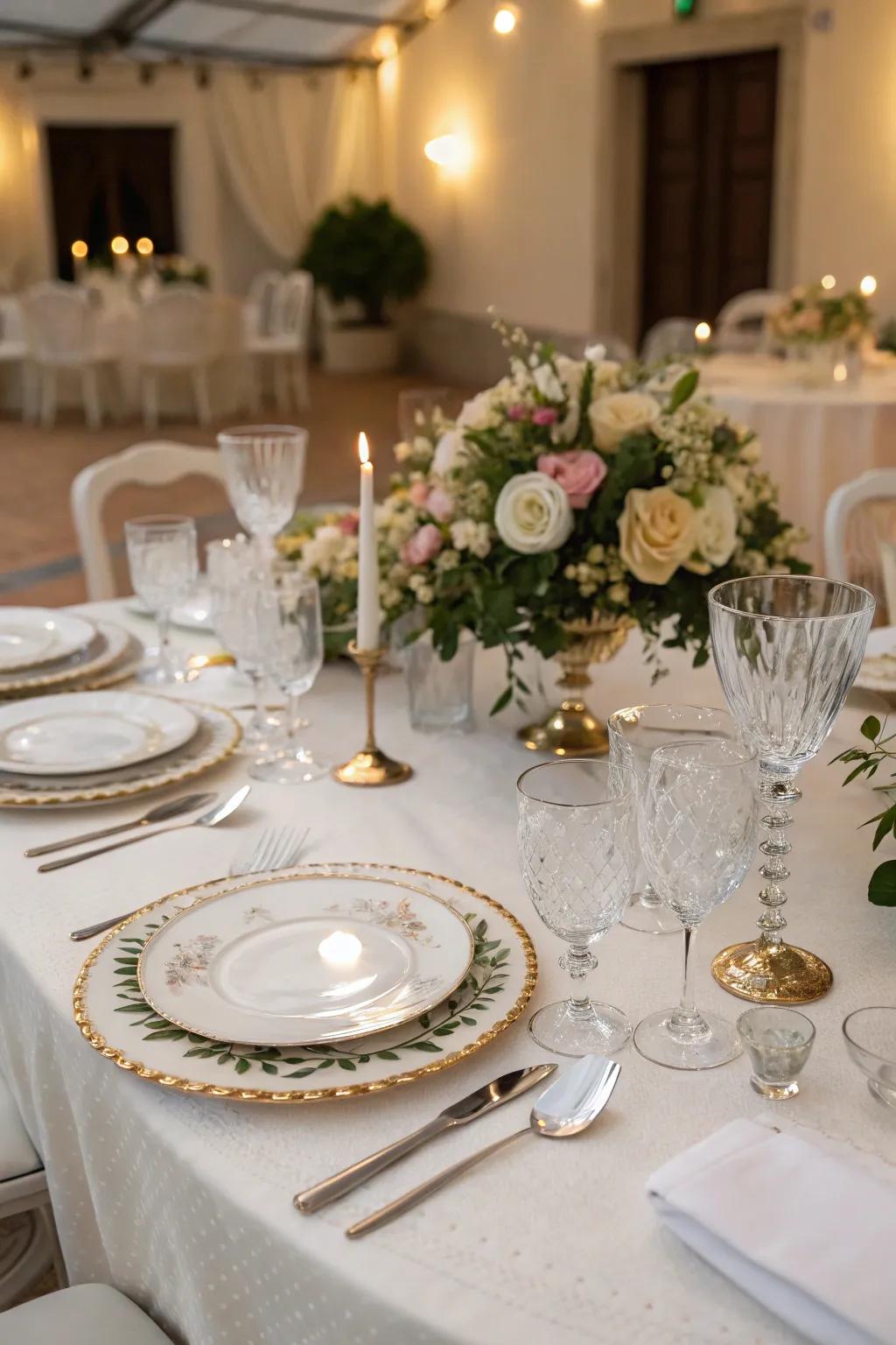 An elegantly arranged wedding table with delicate dinnerware and glassware, perfect for a stylish wedding celebration.
