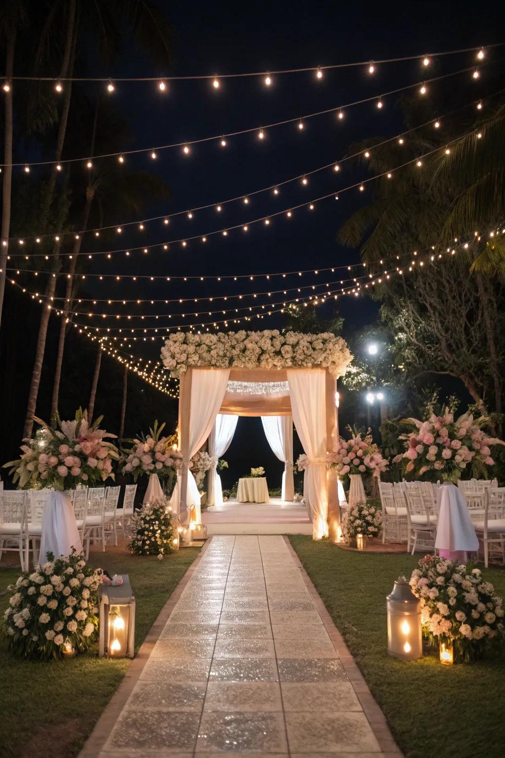 A wedding venue spectacularly illuminated with sparkling strands, cultivating a romantic atmosphere.