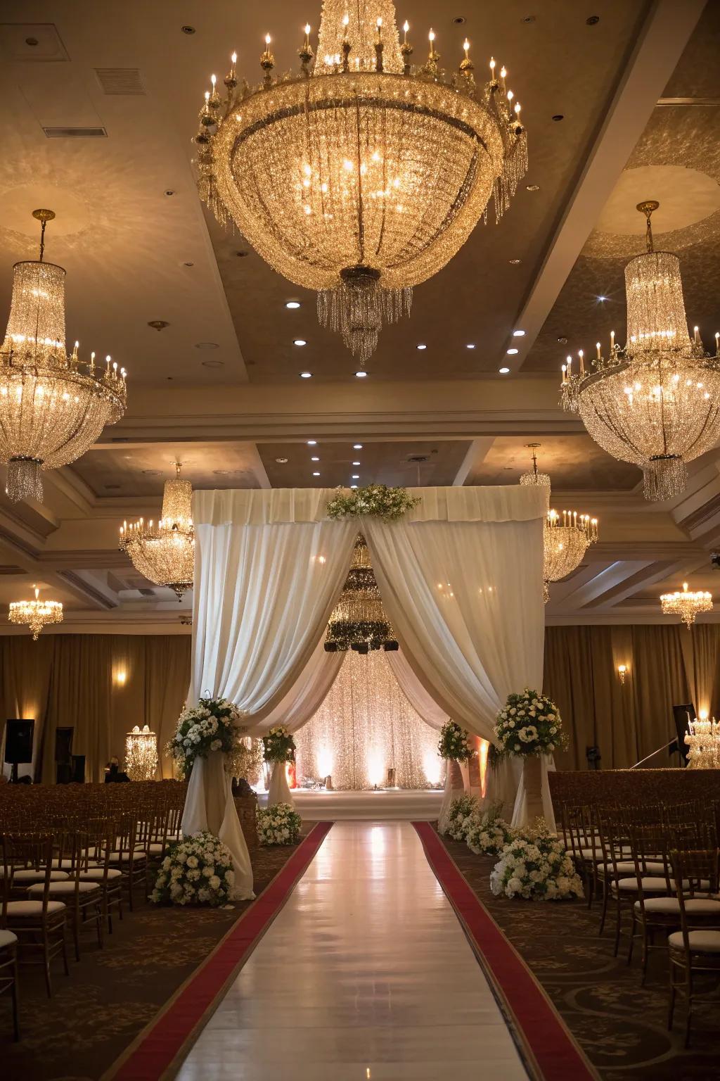Combine light fixtures and cloths to achieve a luxurious wedding atmosphere.