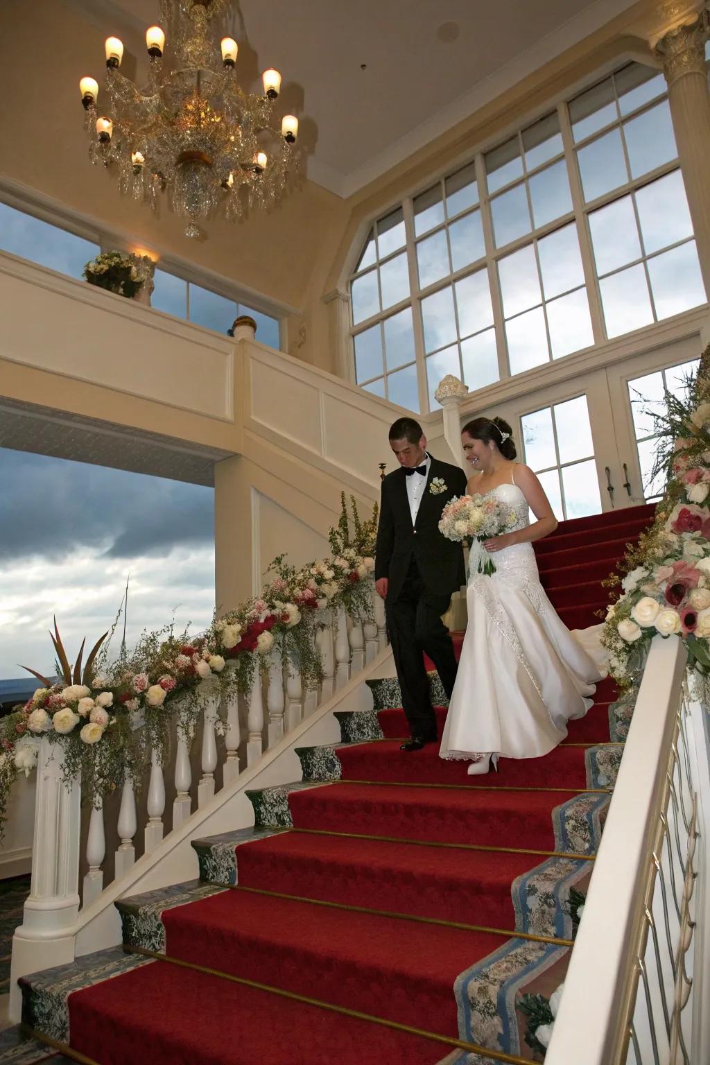 A newlywed couple making a grand entry down a gorgeously ornamented staircase.