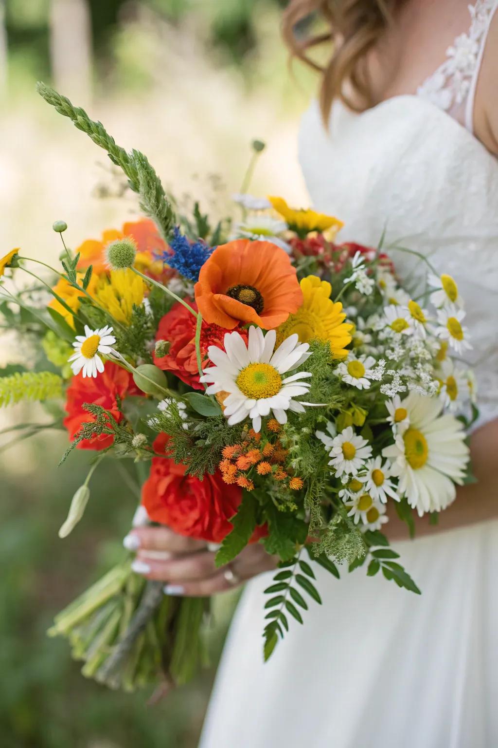 A vibrant field flower bridal bouquet ideal for free-spirited weddings.