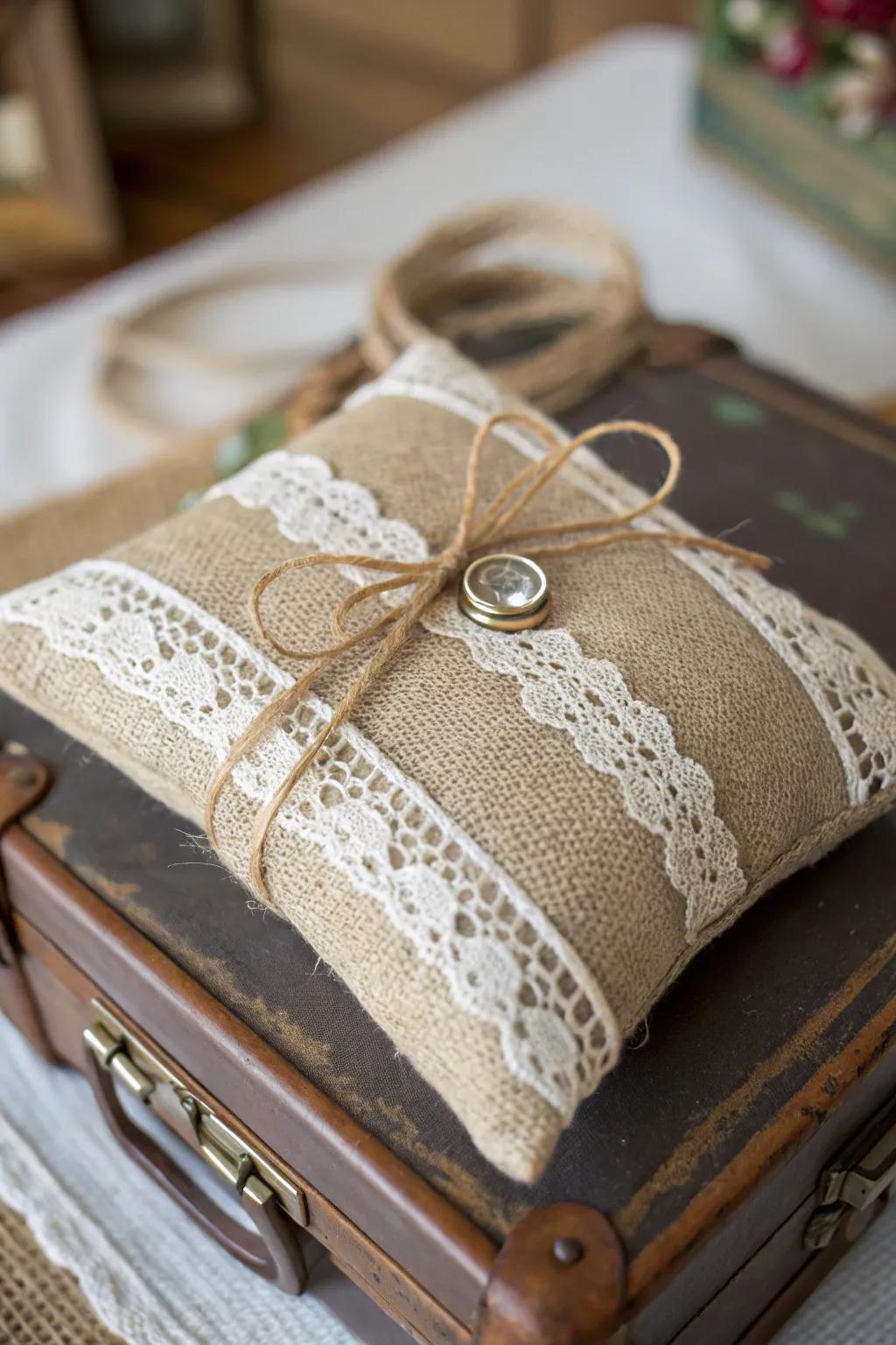 An enchanting hessian and ornamental lace wedding ring cushion.