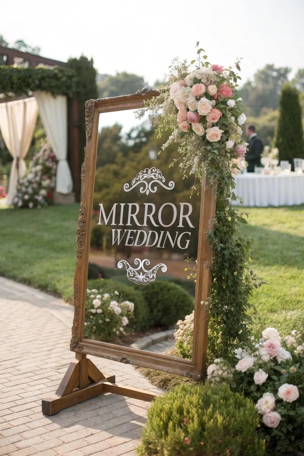 A reflector display introduces class and mirrors your wedding’s sophisticated style.