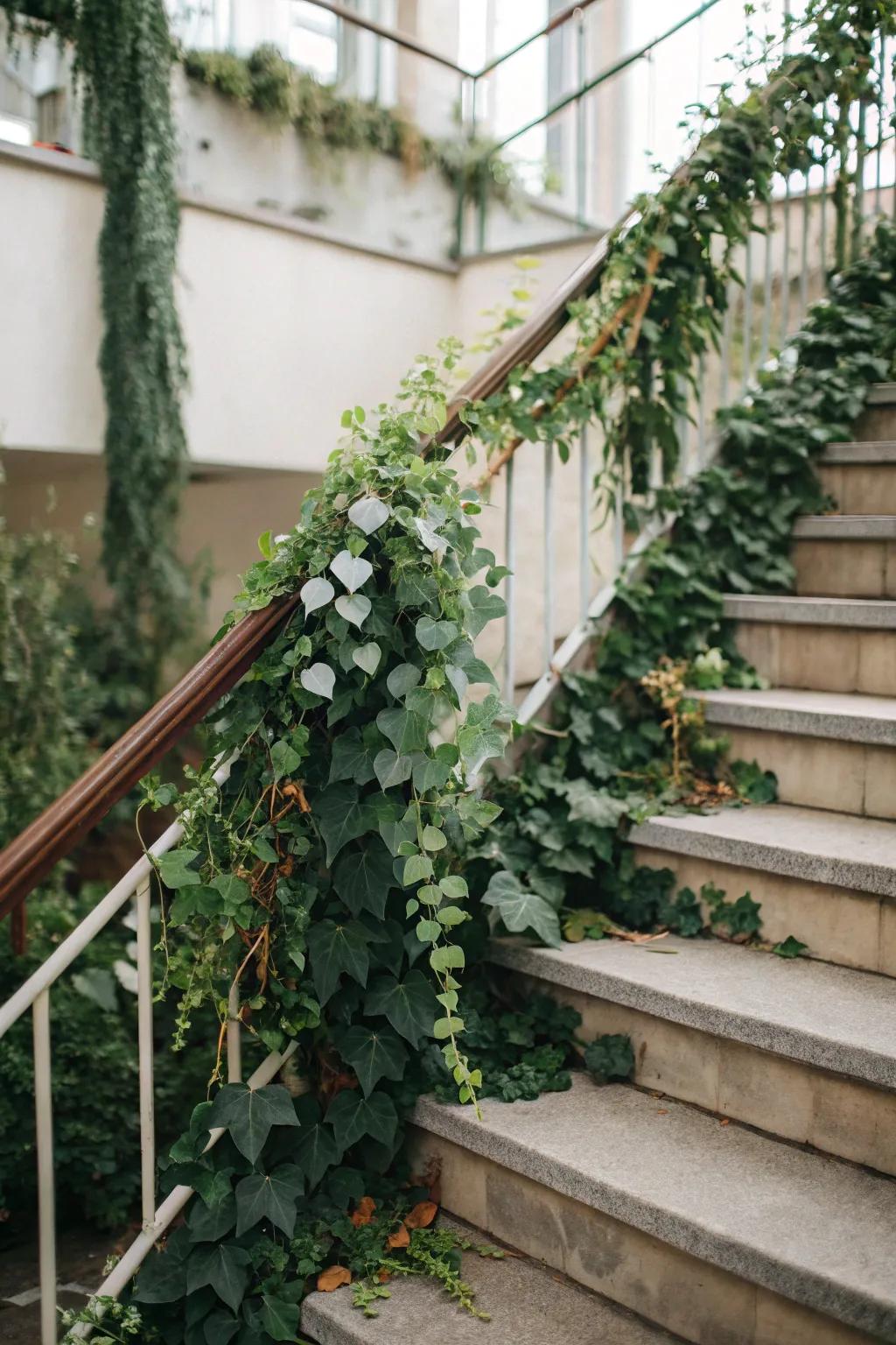 Eucalyptus and ivy lend a vibrant, organic atmosphere to this wedding staircase.
