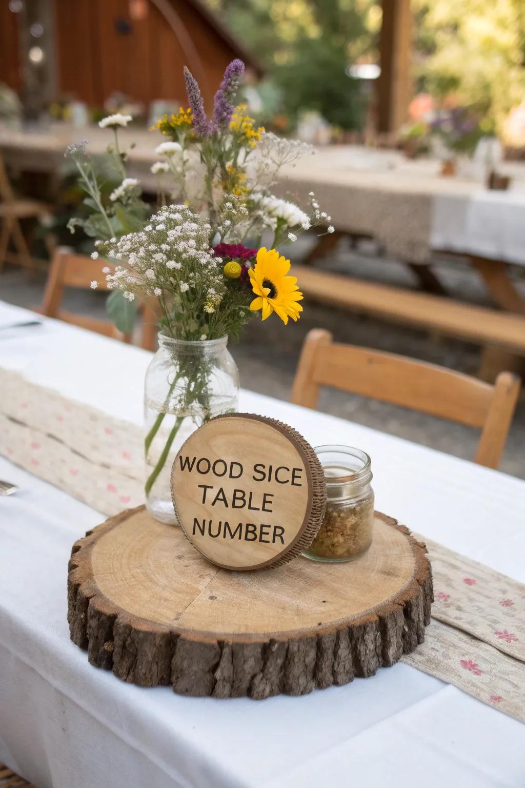 Rustic timber fragments infuse a delightful charm into your wedding tables.