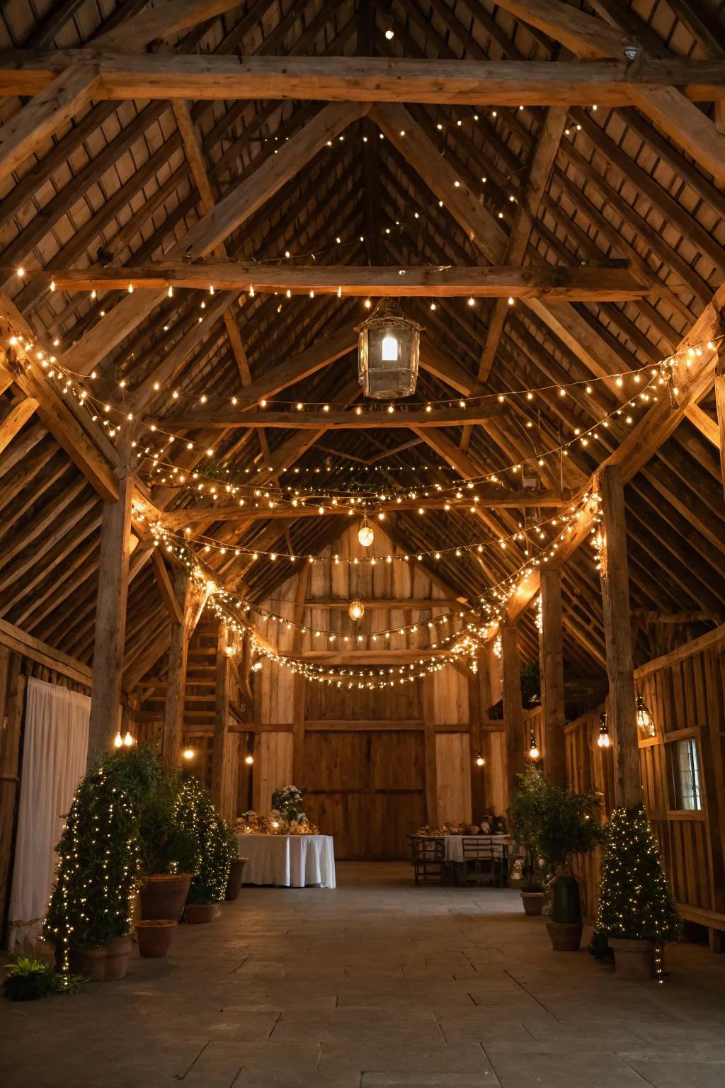 A rustic barn wedding venue, elegantly decorated with wooden beams and twinkling fairy lights.