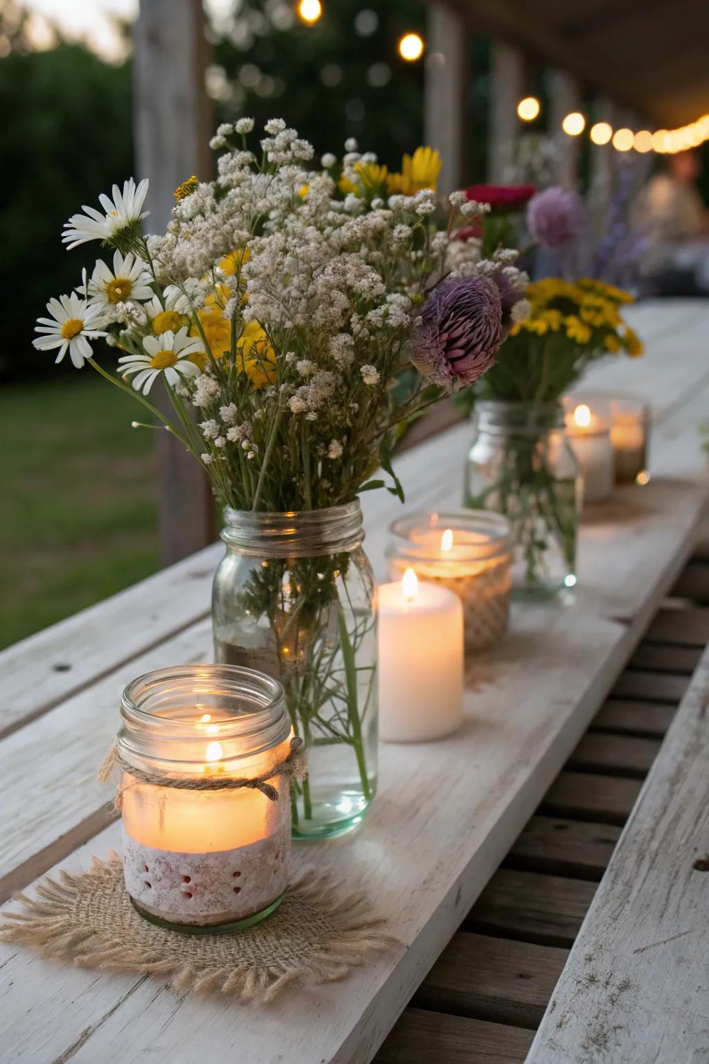 Preserving jars filled with wildflowers cultivate a nostalgic and snug atmosphere.