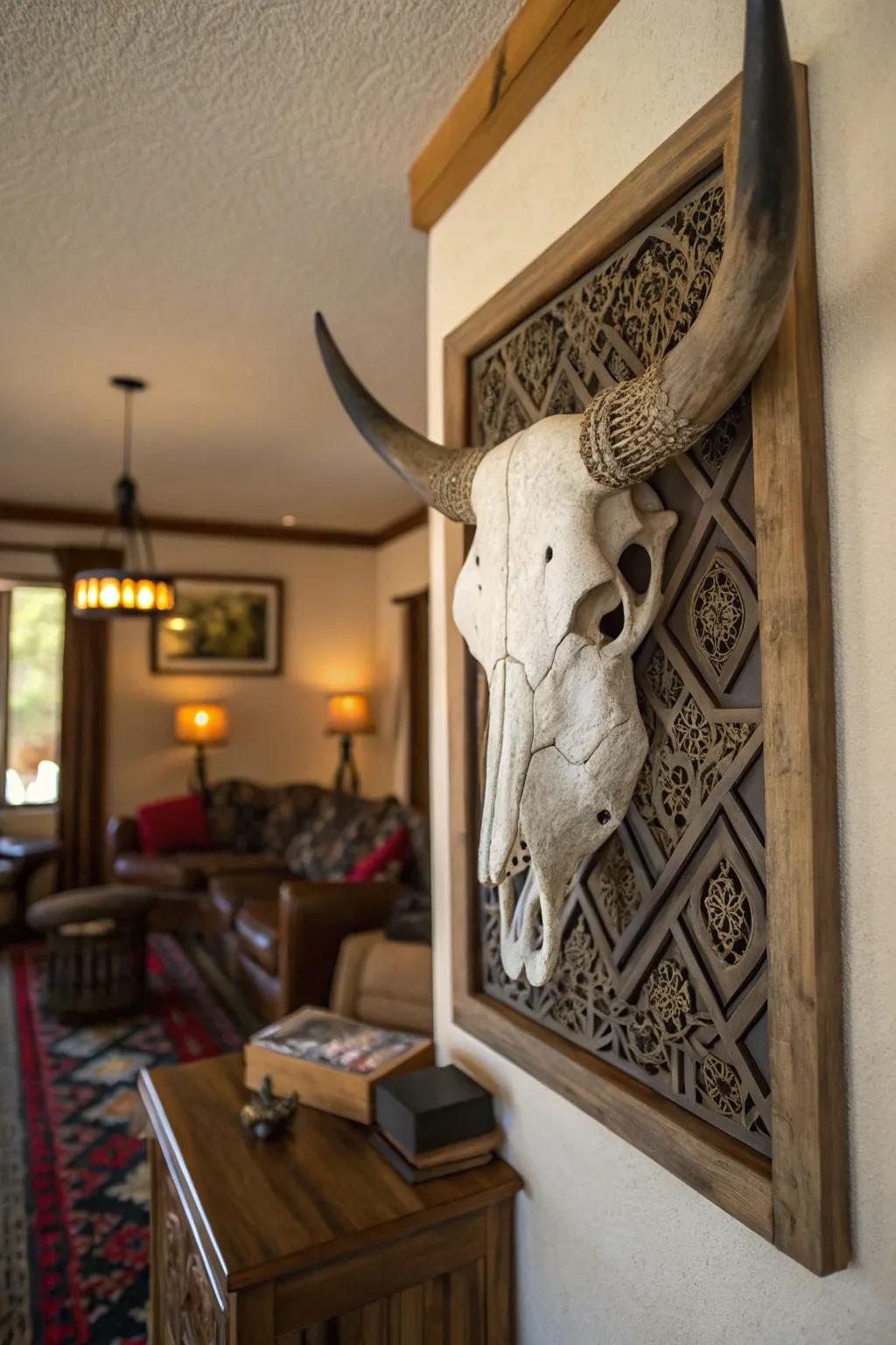 Intricately carved cow skull as a wall centerpiece.