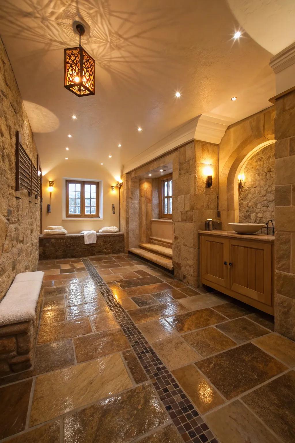 Using inherent stone decking brings ageless grace to any wet room.