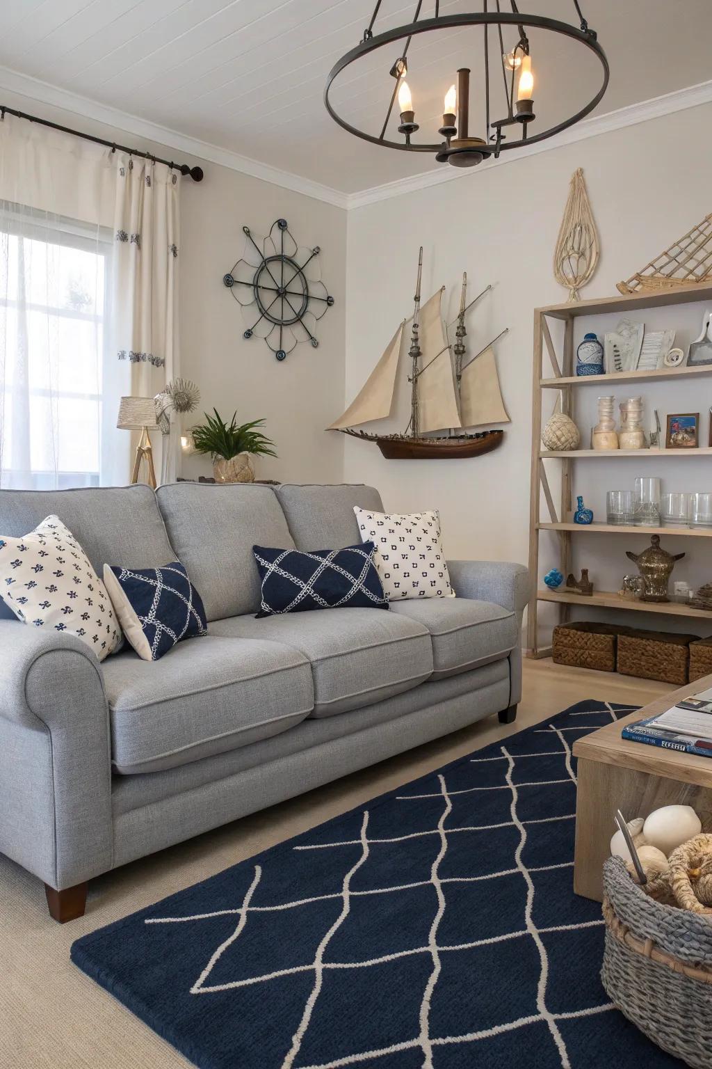 Deep indigo rugs present a daring and polished contrast to grey sofas.
