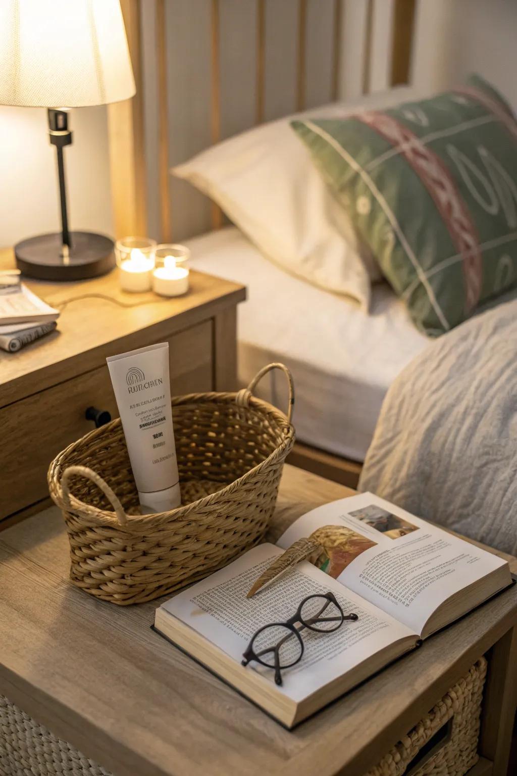 Organize your bedside area effectively with a basket dedicated to essential items.