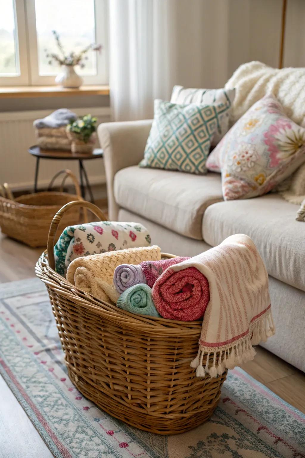 A basket housing cozy blankets injects warmth and texture into the lounge.