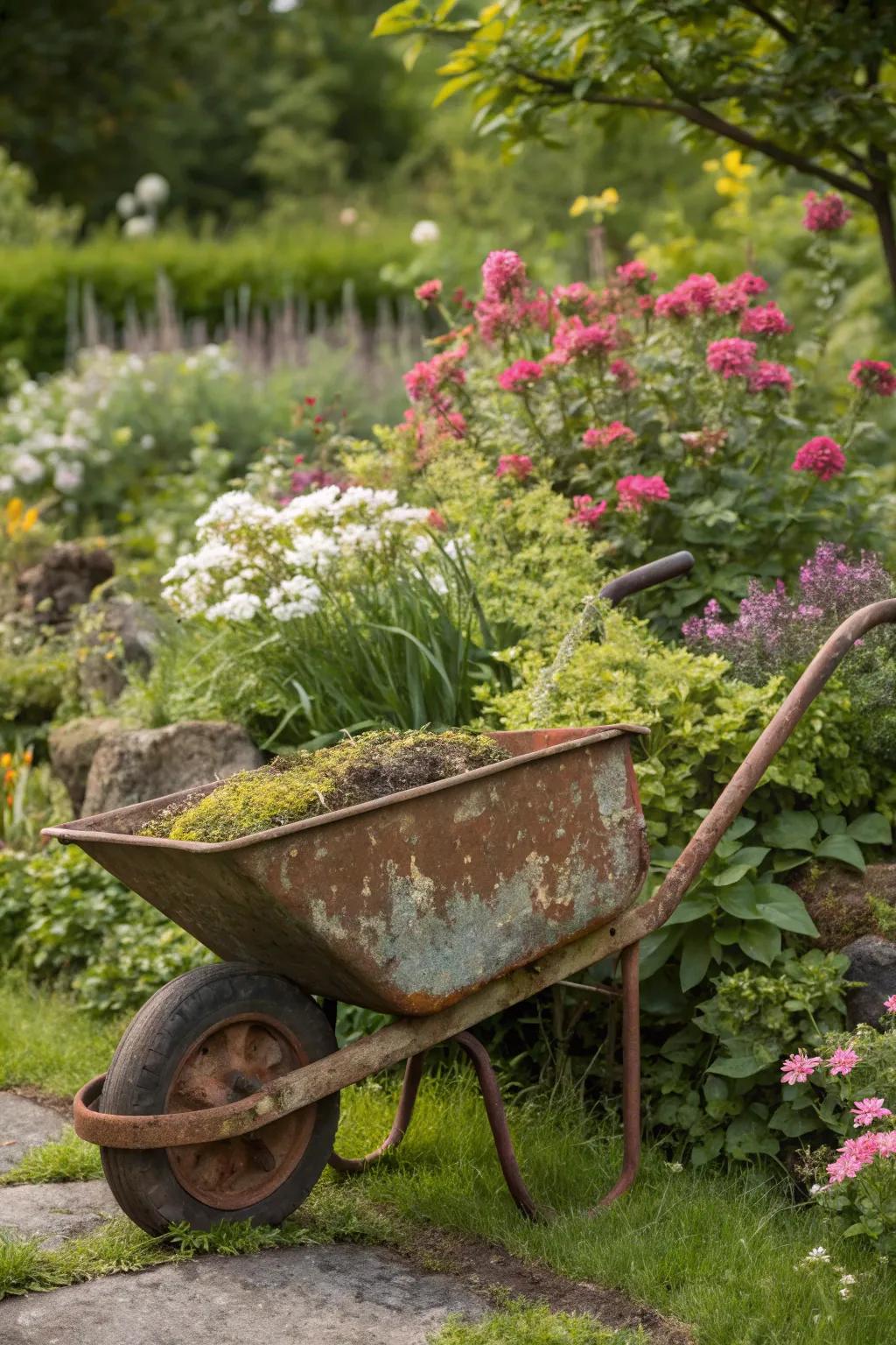 Vintage wheelbarrow as a rustic garden accent.
