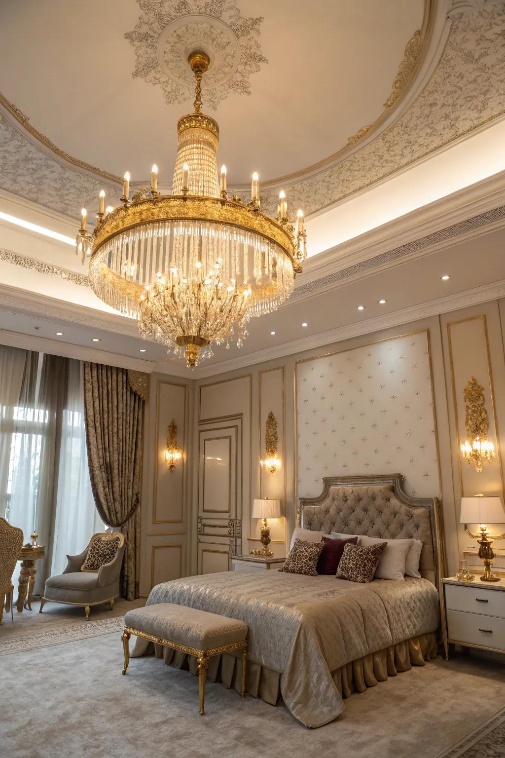 A chandelier imparts a sense of warmth and luxury.