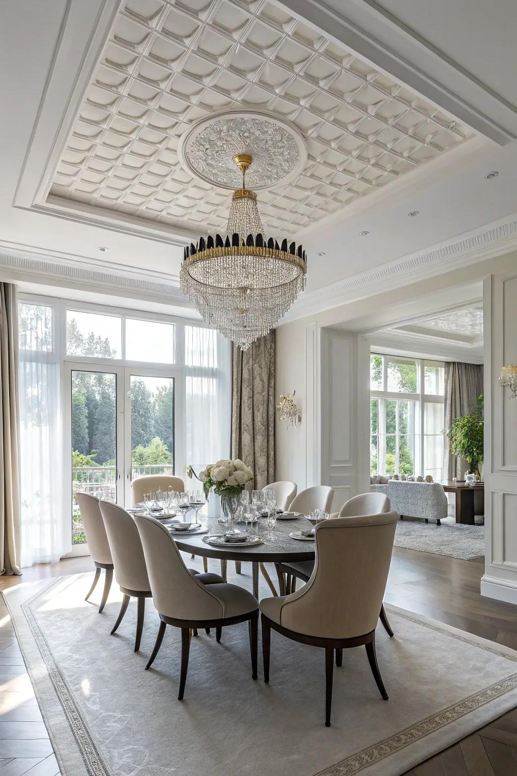 A dining room sporting a white ceiling that's just right for a dazzling hanging light.